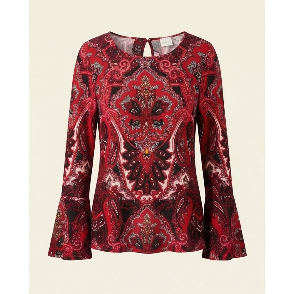 Chico's 3 Red Paisley Bell Sleeve Top Stretch Medallion Keyhole Back Velour